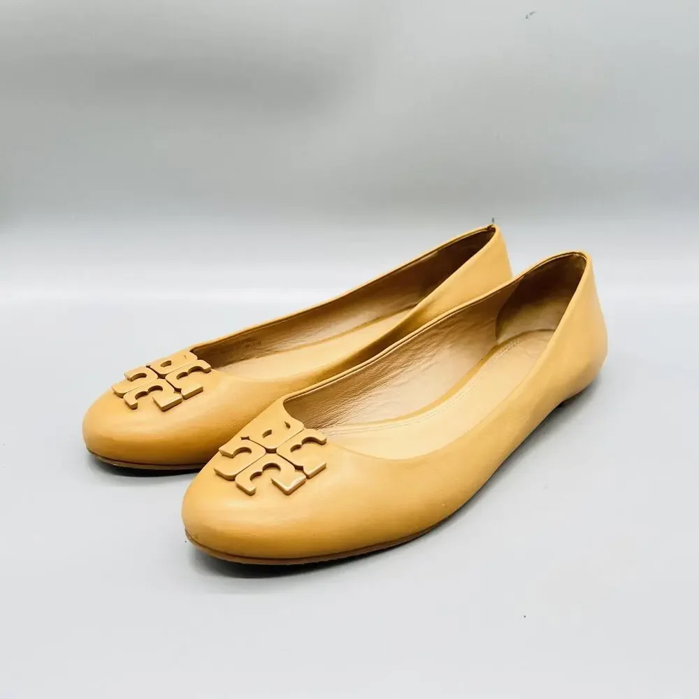 Tory Burch Shoes Womens 11 Beige Leather Medallion Ballet Flats Slip On Casual